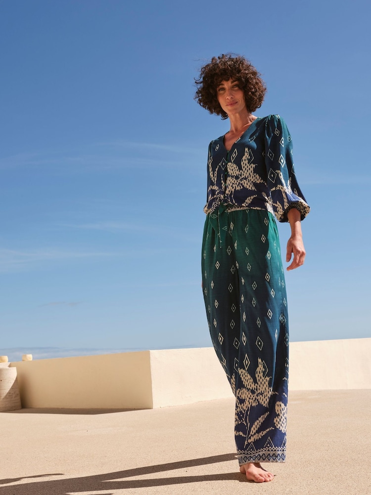 FatFace Harper Blue Ombre Leaves Wide Leg Trousers - Image 2 of 8