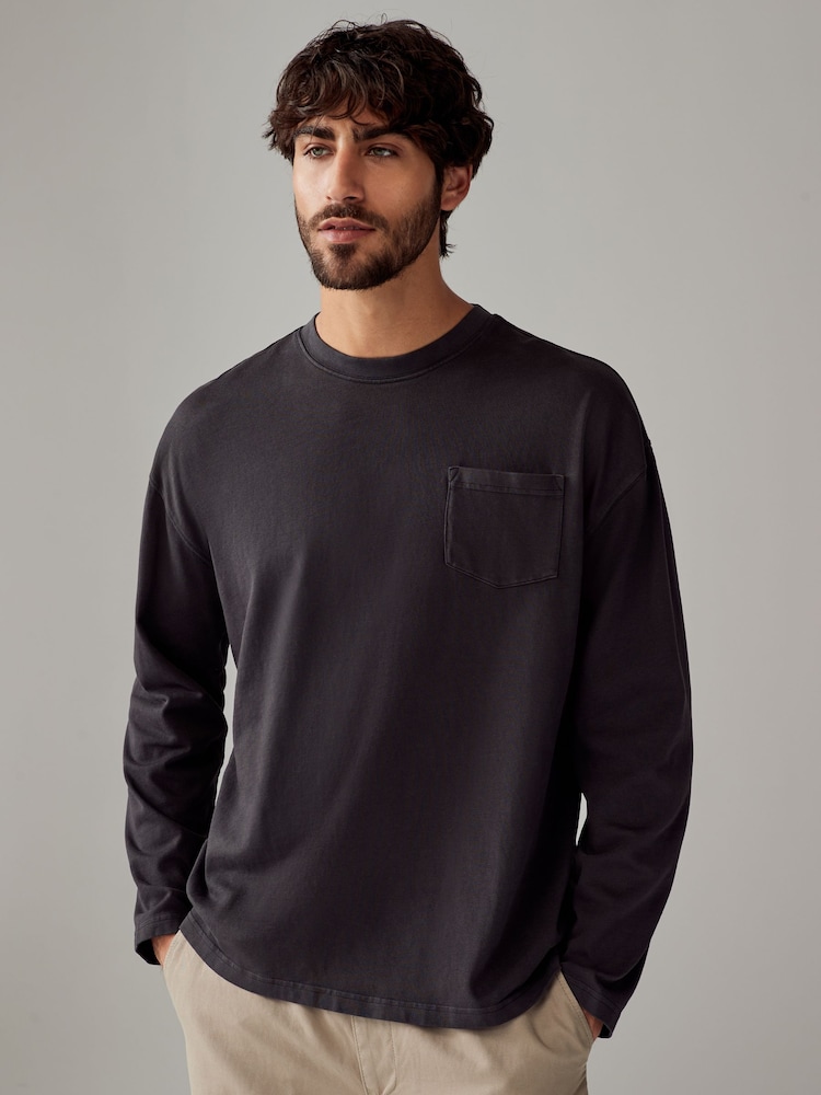 Gris de charbon de bois - Long Sleeve Garment Dye Heavyweight 100% Cotton T-Shirt - Image 1 of 7