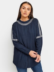 Yours Curve Blue Stud Neckline Embellished Jumper - Image 1 of 4
