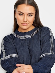 Yours Curve Blue Stud Neckline Embellished Jumper - Image 4 of 4