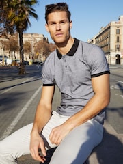 Threadbare Grey 100% Cotton Polo Shirt With Herringbone Detail Collar - Image 1 of 4