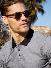 Threadbare Grey 100% Cotton Polo Shirt With Herringbone Detail Collar - Image 4 of 4