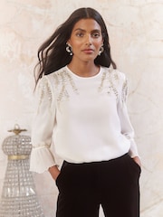 Love & Roses Ivory White Petite Embellished Crew Neck Flute Sleeve Blouse - Image 2 of 4