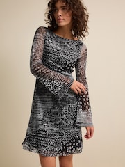 Mono Print Long Sleeve Mini Mesh Dress - Image 1 of 6