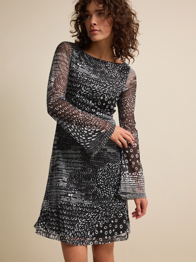 Mono Print Long Sleeve Mini Mesh Dress - Image 1 of 6
