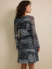 Mono Print Long Sleeve Mini Mesh Dress - Image 2 of 6