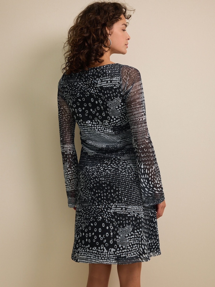 Mono Print Long Sleeve Mini Mesh Dress - Image 2 of 6