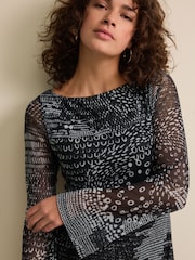 Mono Print Long Sleeve Mini Mesh Dress - Image 4 of 6