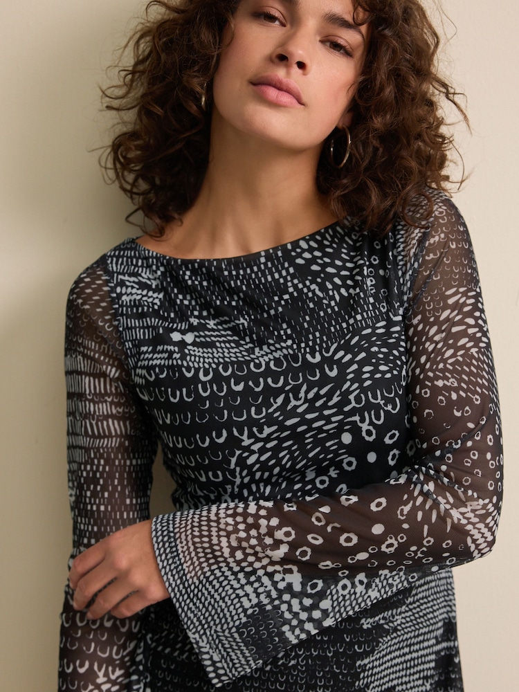 Mono Print Long Sleeve Mini Mesh Dress - Image 4 of 6