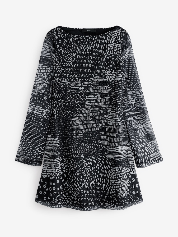 Mono Print Long Sleeve Mini Mesh Dress - Image 5 of 6