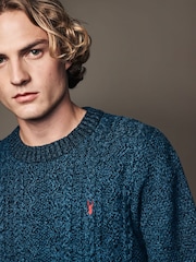 Navy Blue Regular Fit Cotton Rich Cable Knit Crew Stag Embroidery Jumper - Image 1 of 8
