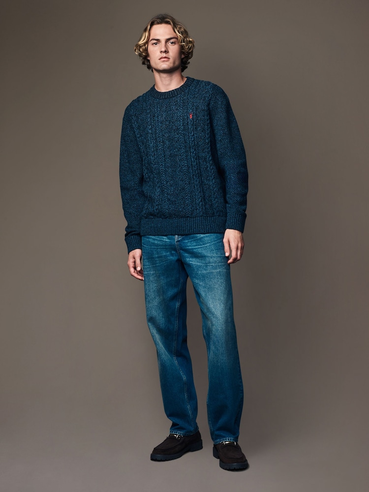 Navy Blue Regular Fit Cotton Rich Cable Knit Crew Stag Embroidery Jumper - Image 2 of 8