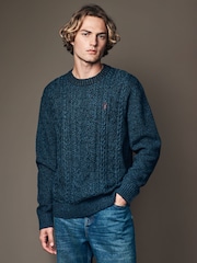 Navy Blue Regular Fit Cotton Rich Cable Knit Crew Stag Embroidery Jumper - Image 4 of 8