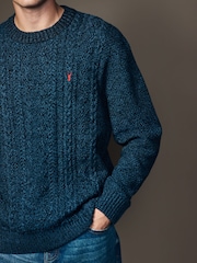 Navy Blue Regular Fit Cotton Rich Cable Knit Crew Stag Embroidery Jumper - Image 5 of 8