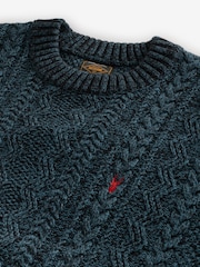 Navy Blue Regular Fit Cotton Rich Cable Knit Crew Stag Embroidery Jumper - Image 7 of 8