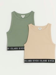 River Island Green Girls Waistband Rib 100% Cotton Tanks 2 Pack - Image 1 of 4