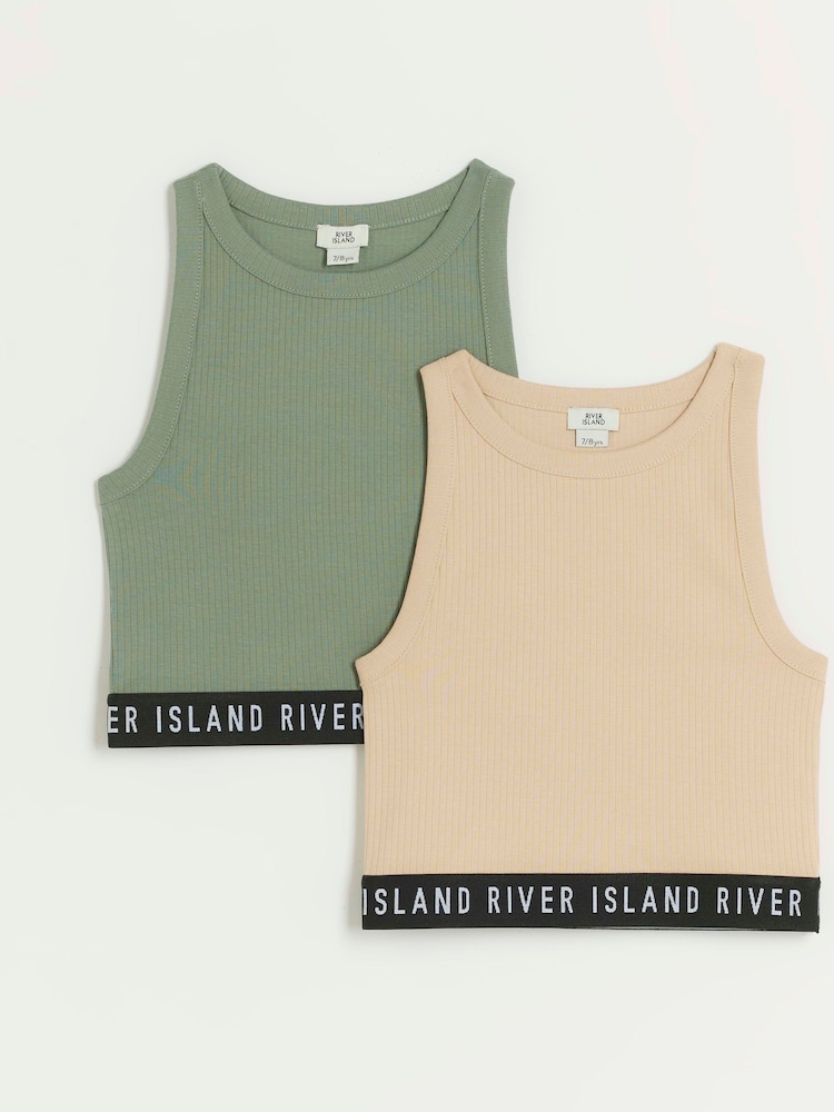River Island Green Girls Waistband Rib 100% Cotton Tanks 2 Pack - Image 1 of 4 River Island Green Girls Waistband Rib 100% Cotton Tanks 2 Pack - Image 1 of 4