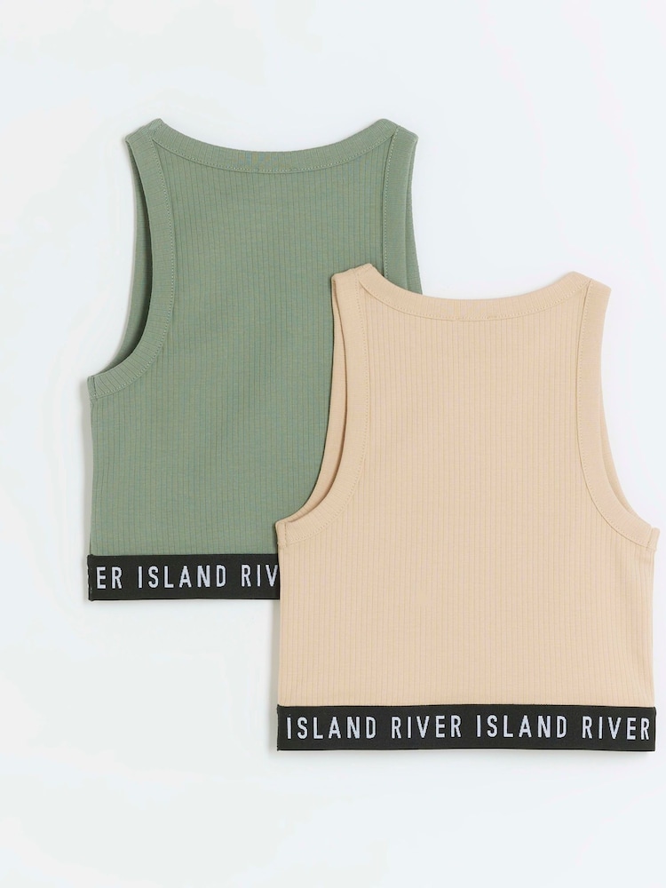 River Island Green Girls Waistband Rib 100% Cotton Tanks 2 Pack - Image 2 of 4 River Island Green Girls Waistband Rib 100% Cotton Tanks 2 Pack - Image 2 of 4