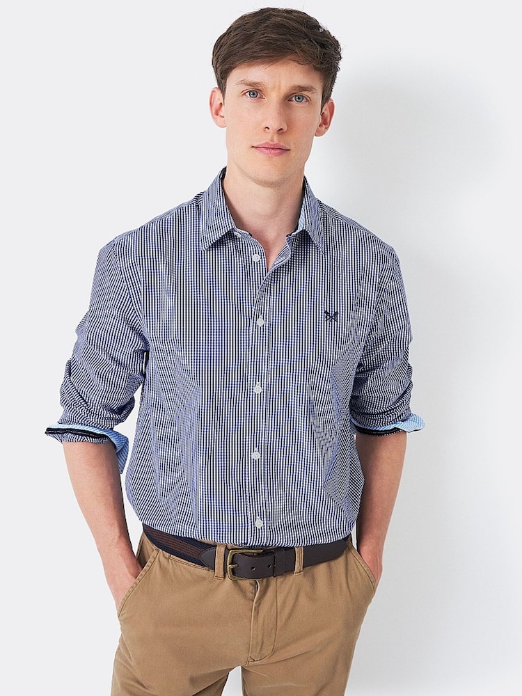 Crew Clothing Blue Classic Fit 100% Cotton Micro Gingham Shirt - Image 1 of 5