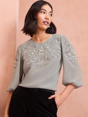 Love & Roses Grey Embellished 3/4 Sleeve Blouse - Image 1 of 4