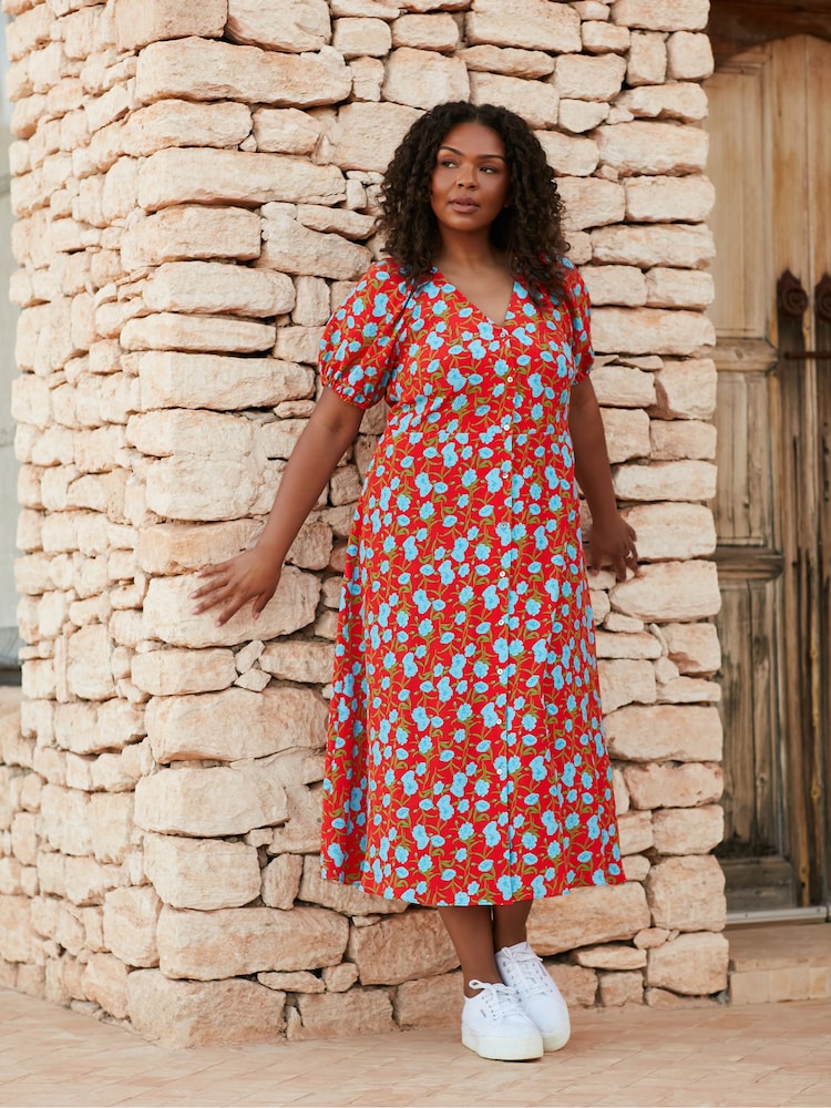 Live Unlimited Red Curve Floral Shirred Shoulder Midi Dress - Image 2 of 8