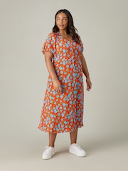 Live Unlimited Red Curve Floral Shirred Shoulder Midi Dress - Image 3 of 8