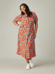 Live Unlimited Red Curve Floral Shirred Shoulder Midi Dress - Image 6 of 8