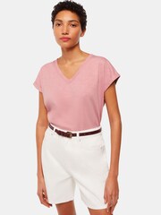 Whistles Pink Willa V-Neck Cap Sleeve T-Shirt - Image 1 of 5