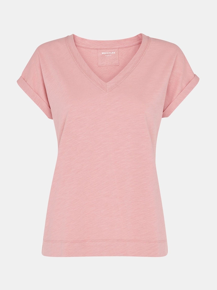 Whistles Pink Willa V-Neck Cap Sleeve T-Shirt - Image 5 of 5