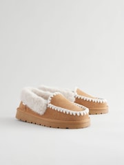 Tan Brown Suede Stitch Moccasin Slippers - Image 1 of 5