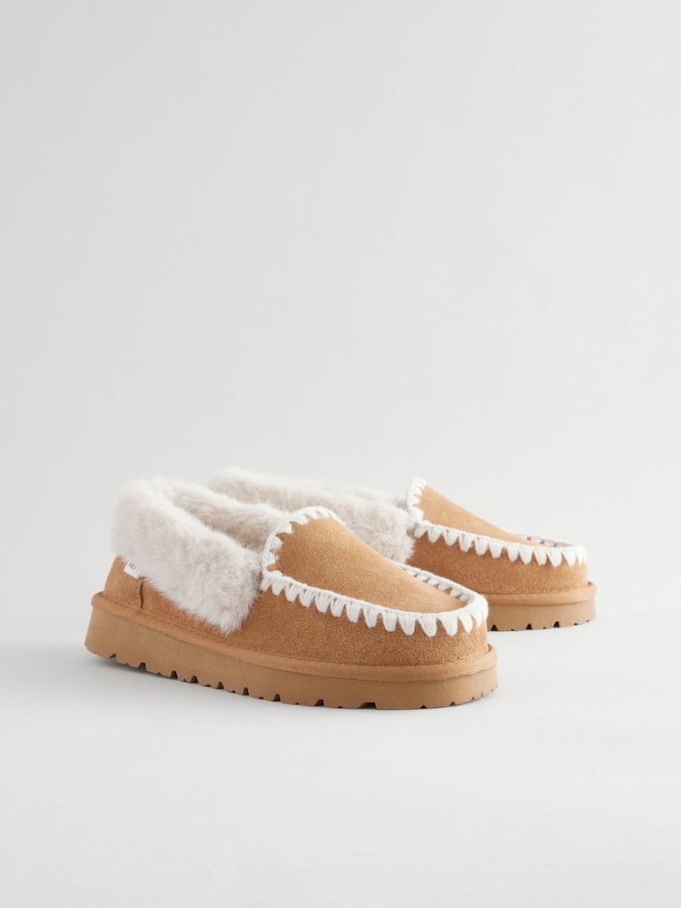 Tan Brown Suede Stitch Moccasin Slippers - Image 1 of 5