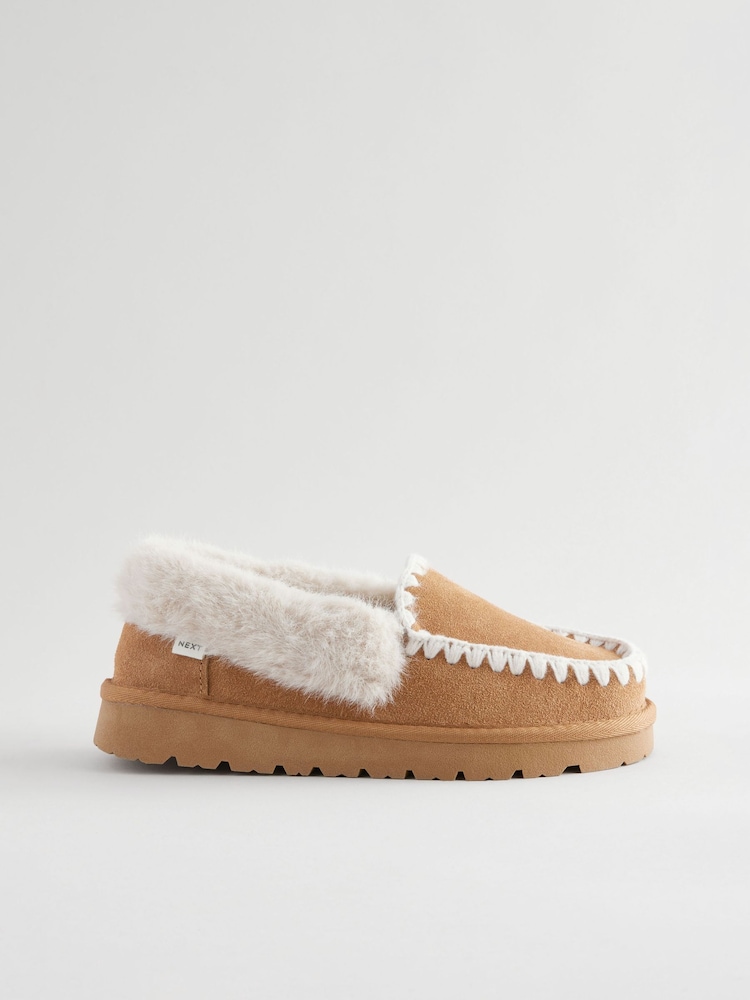 Tan Brown Suede Stitch Moccasin Slippers - Image 2 of 5