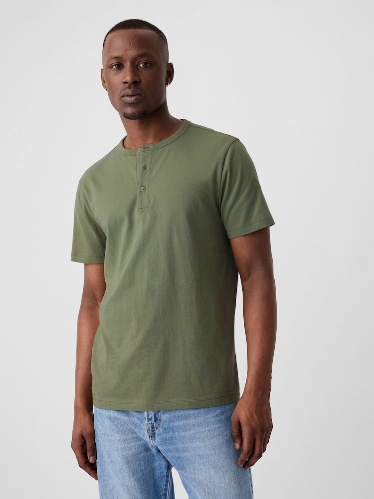 Gap Khaki Green Everyday Soft Henley Short Sleeve T-Shirt - Image 1 of 4 Gap Khaki Green Everyday Soft Henley Short Sleeve T-Shirt - Image 1 of 4