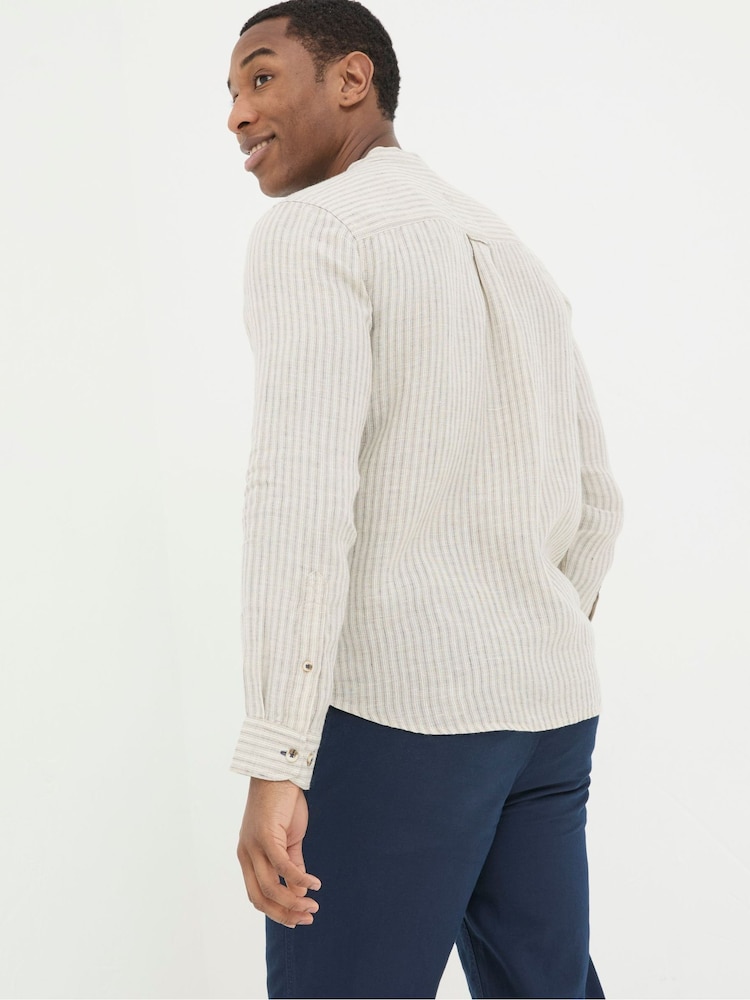 FatFace Natural Grandad Stripe Linen Shirt - Image 2 of 5 FatFace Natural Grandad Stripe Linen Shirt - Image 2 of 5