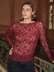 Burgundy Red Slash Neck Long Sleeve Lace Top - Image 1 of 5
