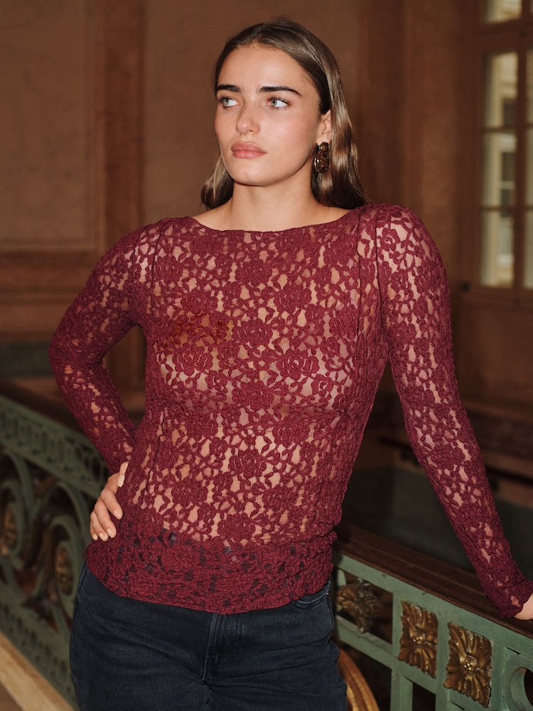 Burgundy Red Slash Neck Long Sleeve Lace Top - Image 1 of 5