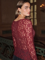 Burgundy Red Slash Neck Long Sleeve Lace Top - Image 2 of 5