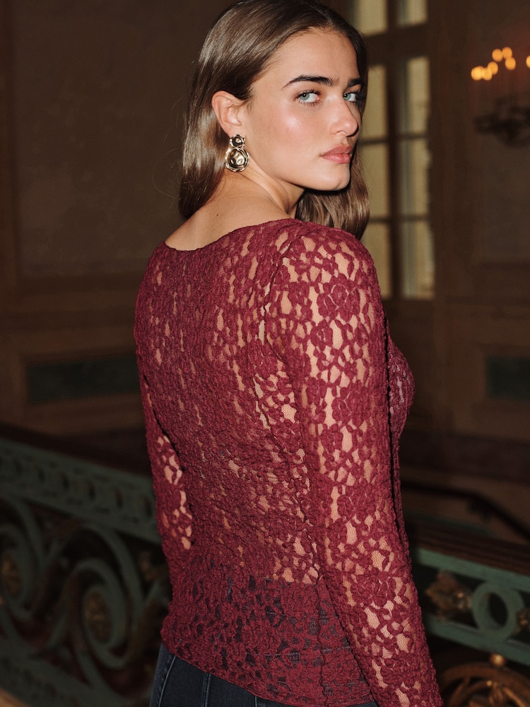 Burgundy Red Slash Neck Long Sleeve Lace Top - Image 2 of 5