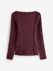 Burgundy Red Slash Neck Long Sleeve Lace Top - Image 4 of 5