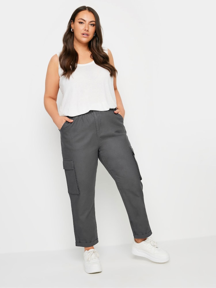 Yours Curve Grey Paperbag Utility 100% Cotton Trousers - Image 2 of 5