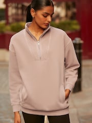 Vaaleanpunainen poskipuna - Relaxed Fit Acid Washed Longline Zip Neck Collegepaita - Image 1 of 6