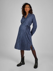 JoJo Maman Bébé Navy Blue Animal Print Shirt Maternity Dress With Tie - Image 1 of 4