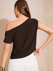 Lipsy Black Asymmetric Short Sleeve Slinky Top - Image 2 of 4