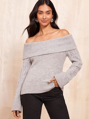 Friends Like These Grey Cable Sleeve Off The Shoulder Jumper - Image 1 of 4