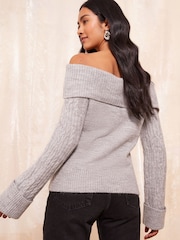 Friends Like These Grey Cable Sleeve Off The Shoulder Jumper - Image 4 of 4