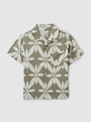 Reiss Sage Green Marabel Teen Relaxed Printed Cuban Collar Shirt - Image 1 of 5