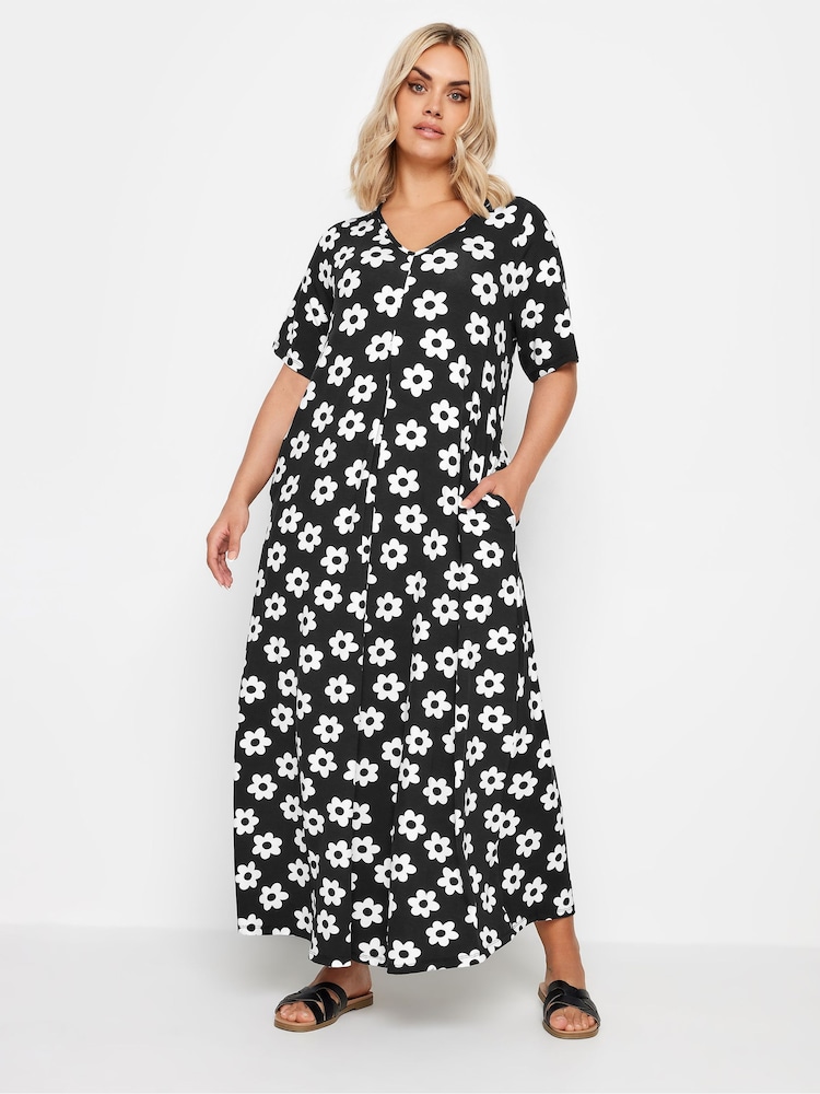Yours Curve Black Short Sleeve Pleated Front Maxi Dress - Image 1 of 5