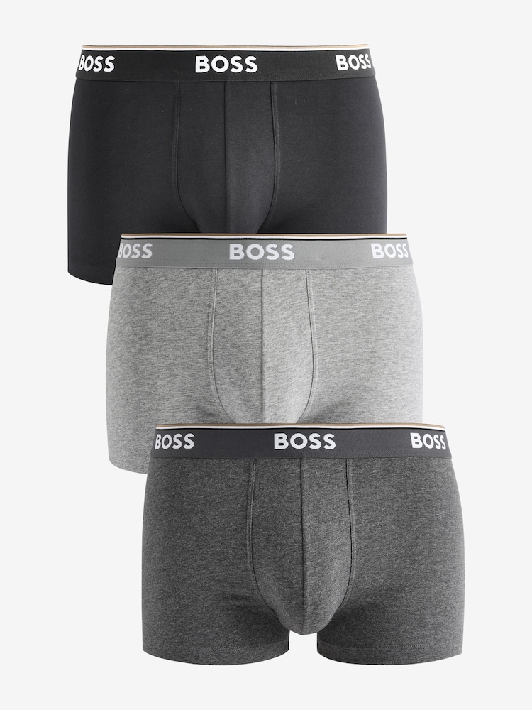 BOSS Grey Logo Waistband  Stretch Cotton Trunks 3 Pack - Image 1 of 4