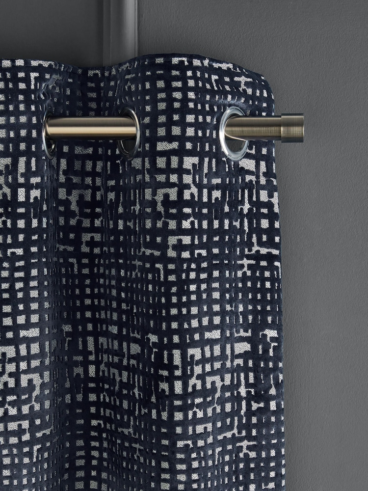 Navy Blue Collection Luxe Heavyweight Cut Velvet Abstract Eyelet Lined Curtains - Image 1 of 5