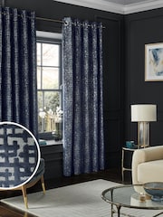 Navy Blue Collection Luxe Heavyweight Cut Velvet Abstract Eyelet Lined Curtains - Image 2 of 5